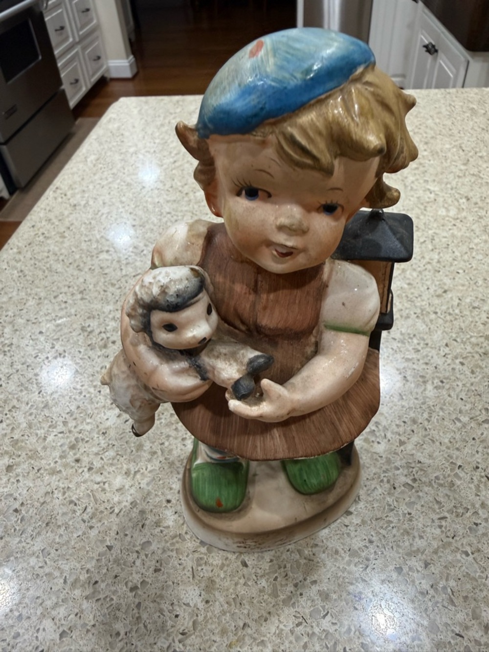 Hand-Painted Ceramic Girl Figurine with Lamb - Blue, Green, Brown